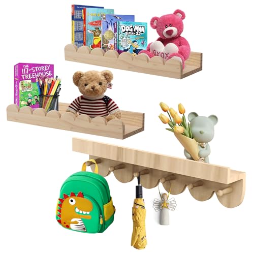 Emooncn 3er-Pack Kindergarderobe mit Ablage, 42cm Wandregal Kinderzimmer, Bücherregal Kinder Wand aus Holz, Bilderleiste Kinderzimmer Wand für Kinder im Spielzimmer Schlafzimmer Kindergarten