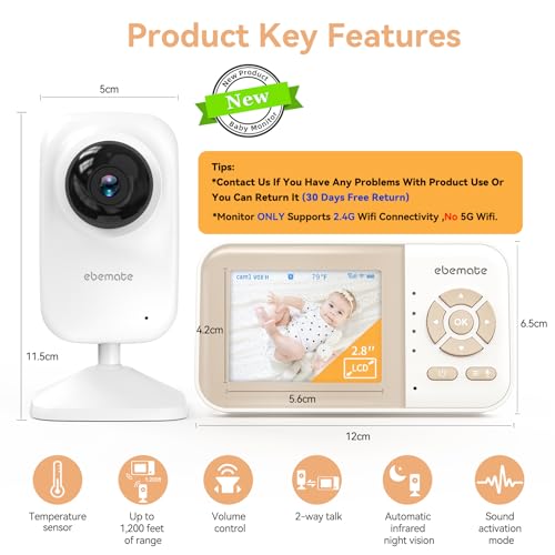 ebemate Video Baby Monitor Camera with 2.8\" LCD Screen Video & Audio No Glow Night Vision,2-Way Talk Audio Cam Baby Monitoring 1200FT Range EBE28