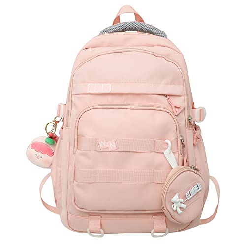 JHTPSLR Preppy Backpack with Plushies and Purse Cute Preppy Backpack Solid Aesthetic Backpack Multi-pockets Backpack Supplies (Pink)