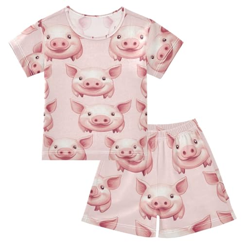 Pajama Short Sets Pig Pink Pattern Print Soft Cotton Summer Sleepwear 2 Piece PJS Size 5-14T