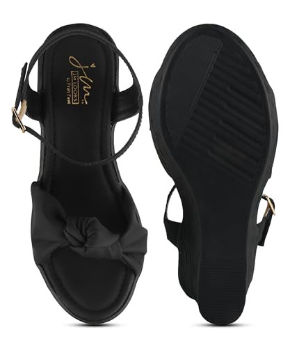 Image of JM LOOKS Elegant Ruched Knot Wedge Sandals with Woven Texture Heel and Adjustable Ankle Strap Comfort