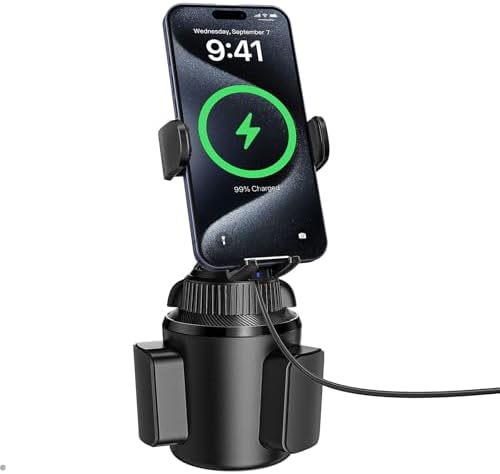 APPS2Car 15W Qi Wireless Car Charger Solid Cup Holder Mount, Adjustable Long Arm & 360° Rotation, Fits 3"–4" Round Cup Holders, Works with Cases ≤ 4 mm (No Metal Attachments)