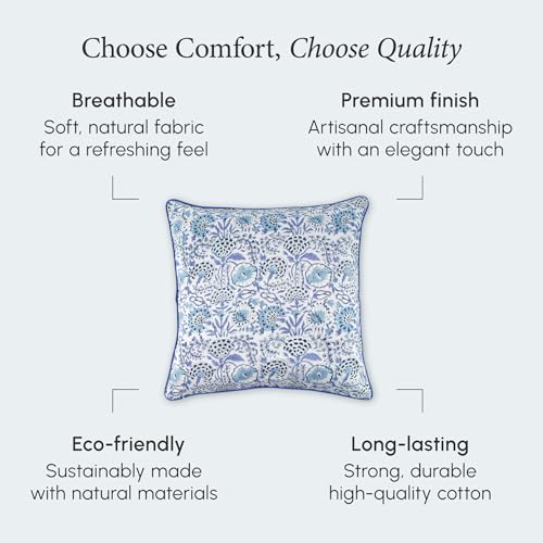 CPC 100% Cotton Throw Pillow Covers 16X16 Blue Block Print Pattern Couch Pillow, Cute Boho Decorative Pillows for Living Room, Bedroom with Hidden Zipper- Indigo Blue