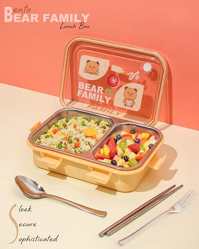 Image of Brand Conquer Lunch Box Leak-Proof BPA Free Stainless Steel for School, Lunch Box for School & Office with a Fork, a Spoon and a Pair of Chopsticks (Yellow, Bear Family 2 Compartment)