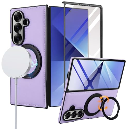 Coque Samsung Galaxy Z Fold 7 avec anneau magnétique rotatif et protection écran violet clair