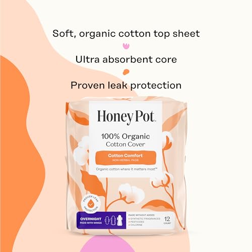 Image of The Honey Pot Company - Sanitary Pads for Women - Non-Herbal Overnight w /Wings - Organic Cotton Cover, & Ultra-Absorbent Pulp Core - Feminine Care - 12 ct