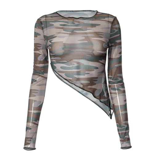 Women's Mesh Sheer See Through Crop Tops Long Sleeve Print Slim Fit Asymmetric Cut Out T Shirts Cover up3