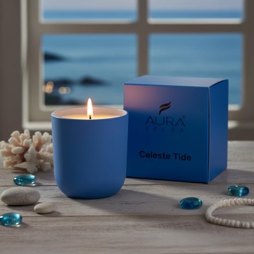 Image of AuraDecor Luxury Scented Candles, Rose Amour, Emerald Dawn, Celeste Tide, 35-40 Hours Burn Time, Luxury Soy Blend, Aromatherapy Home Fragrance Collection (Celeste Tide)