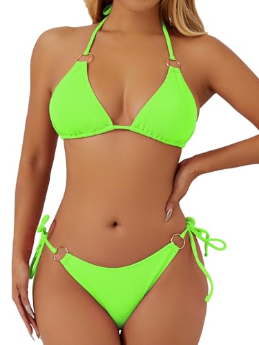 swimall Women's String Bikini Set Sexy Tie Side Two Piece Swimsuit Cute Triangle Halter Bathing Suit