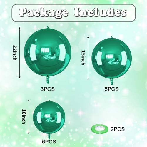 Image of 14 Pcs Green Round Foil Balloons 22 /15 /10 Hunter Emerald Forest Green Metallic 4D Ball Balloon Ornament Mylar Balloon Chrome Birthday Grad Wedding Anniversary Safair New Year Disco Party Decor