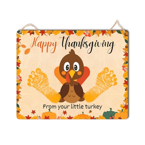 Image of DIY Baby's First Thanksgiving Footprint Sign for Newborn, Fall Autumn Keepsake for New Baby, Holiday Milestone Cards for Girl, Boy, Ideal Baby Shower Gifts, New Mom Gifts (Happy Thanksgiving)