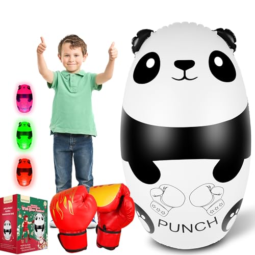 FOYOCER Saco de Boxeo Niños con Guantes de Boxeo 120cm Ilumine Panda Hinchable Saco de Boxeo con Luces LED Juguete para Niños 3-9 Niños y Niñas Sin BPA(3xAAA Pilas No Incluidas)