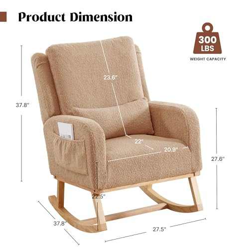 Image of HCHAIRH Rocking Chair Nursery, Boucle Nursing Rocking Chairs, Upholstered Nursery Glider Rocker Wingback Morden Rocking Chair with Lumbar Pillow for Mom Nursery, Living Room, Bedroom, Teddy Khaki