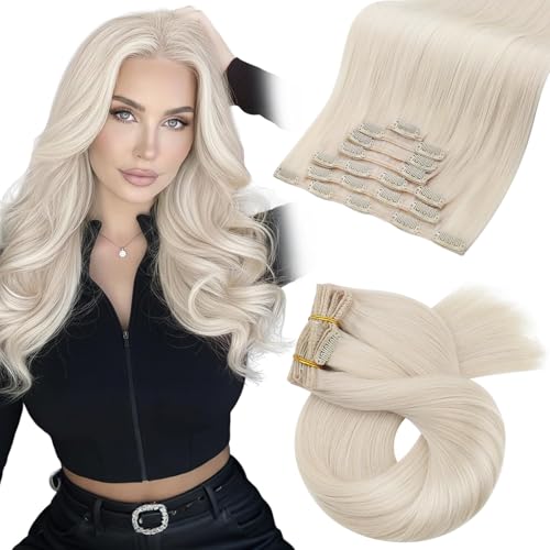 Image of Moresoo Hair Extensions Clip ins White Blonde Real Hair Clip in Extensions Human Hair Double Weft Clip in Human Hair Extensions Full Head #60A 7Pieces /120Grams 24inch