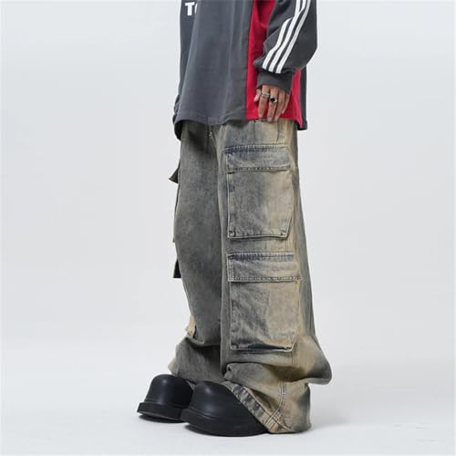 Men Street Wornout Workwear Multiple Pockets Jeans Casual Straight Leg Floor Pants Trousers Loose4