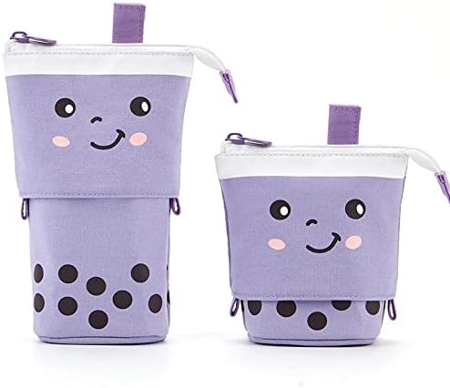 TOYESS Stand Pencil Holder,Telescopic Cartoon Cute Milk Tea Pencil Case Cosmetic Durable Canvas Stationery Makeup Bag for Boys Girls Students and Office Supplies,Purple