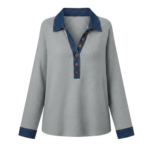 Womens Waffle Knit Shirt Denim Patchwork Long Sleeve Button V Neck Tops - image 3