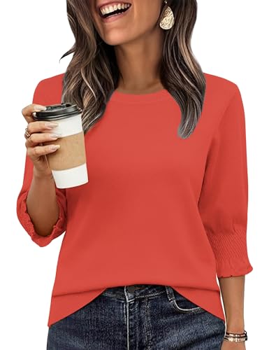 Totatuit Womens 2026 Fall Sweaters 3/4 Sleeve Tops Classic Dressy Casual Basic Clothes for Teachers Watermelon Red X-Large