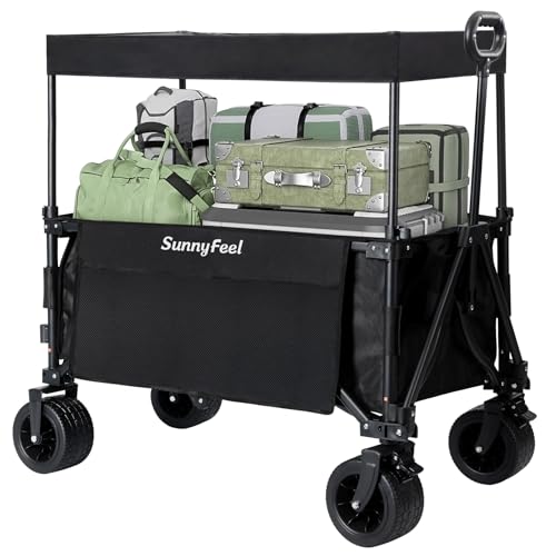 SUNNYFEEL 3 in 1 Collapsible Wagon with Canopy with 230L Capacity, 220LBS Foldable Wagon Cart with Removable Canopy Shade, with All-Terrain PVC Wheels for Camping, Sports, Gargen, Fishing, Black
