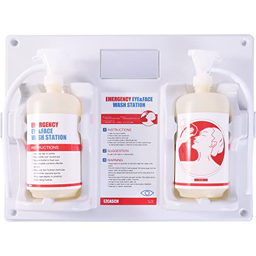 Ezcasch Emergency Eyewash Station First Eye Aid Kit With 2*32Oz Refillable Bottles , Wall- Mounted First Aid Eye Washing Kit With Mirror For Lab, Industry Site, Office, No Eye Wash Solution Included. #TOP10