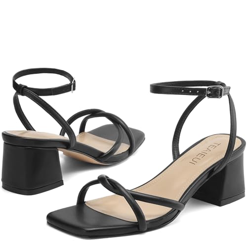Image of TEAIEUI Chunky Heels for Women, Square Open Toe Heeled Sandals, Strappy Ankle Strap Shoes for Dress, Party, Prom, Block Low Heel 2 inch