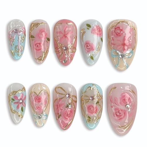 Flower Press on Nails Medium Almond Fake Nails with Floral Chrome Pearl Rhinestones Designs French Tip Nails Press ons Pink Blue Yellow Acrylic Nail Spring Summer Winter Stick on Nail for Women 24Pcs