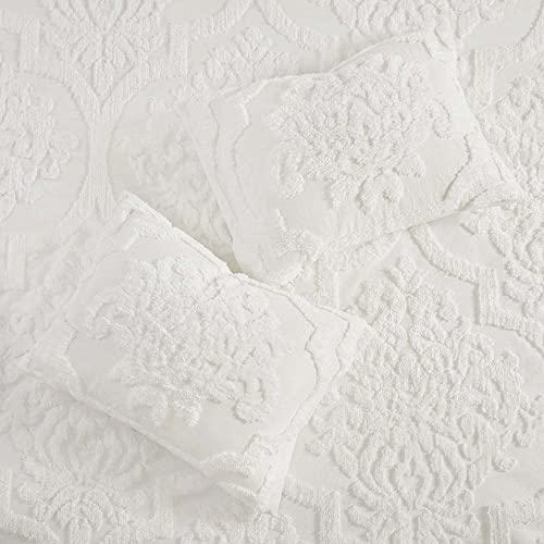 Image of Madison Park Tufted Chenille Cotton Comforter, All Season Bedding Set, Matching Shams, Viola, Damask Off White Full /Queen(90 inchx90 inch) 3 Piece