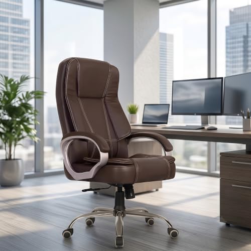 Image of High-Back Leatherette Office Executive Chair with Padded Armrests and Adjustable Recline (Brown)