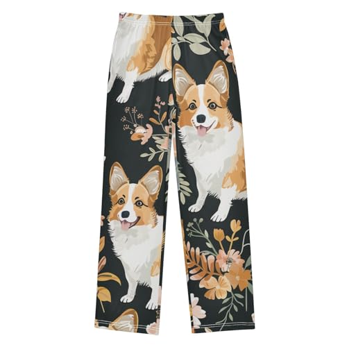 Corgi Dog Wild Flowers Boys Long Pants Soft Trousers Elastic Waist Kids Lounge Bottoms with Pockets S-XL