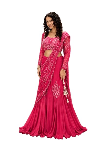 Image of Lehenga choli Womens And Girls Soft Crep Silk Saree With Full-Stitched Blouse With Embroidery Work Wedding navratri party letest