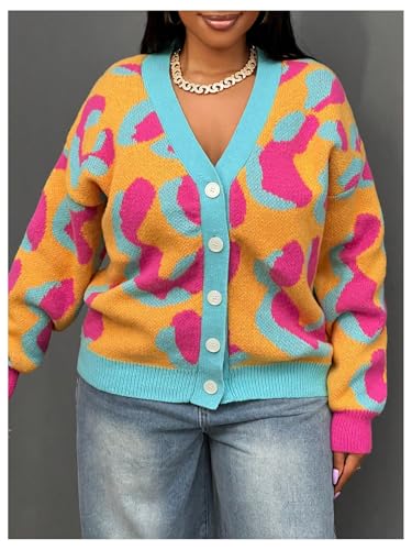 Women's Y2k Button Down Cardigan Sweaters Colorblock Crew Neck Long Sleeve Knit Outerwear4