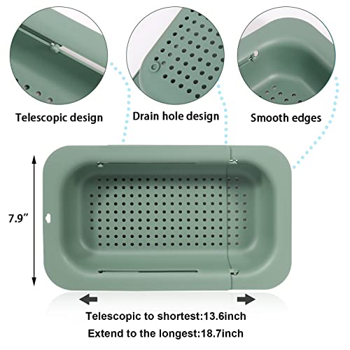 Image of Collapsible Sink Colanders and Strainers Basket Extendable Plastic Fruit Vegetable Strainer Drainer Basket for Kitchen (Length 13.6 inch-18.7 inch) (Apple Green) 6 * 10