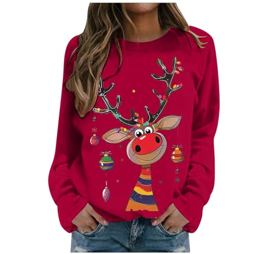 Pull imprimé tête de Noël pour femme sweatshirt manches longues col rond rouge