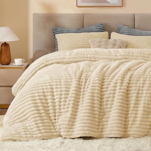 Image of BEDELITE Fleece Oversized Queen Comforter Set, Fluffy Bed Set, Beige | Super Soft & Warm Bedding, Luxury Fuzzy Faux Fur Comforter for Winter, Heavy Plush Bedding, with 2 Pillowcases