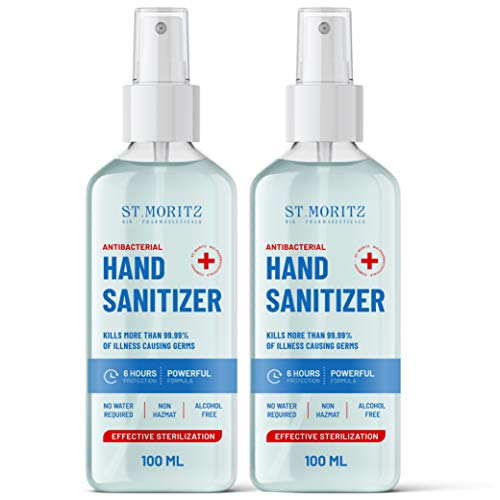 Hand & Surface Sanitiser Spray - 100ml - Non-Hazmat, Alcohol-Free, 6 Hour Protection. Kills More Than 99.99% of all Known Bacteria. (2 Pack)