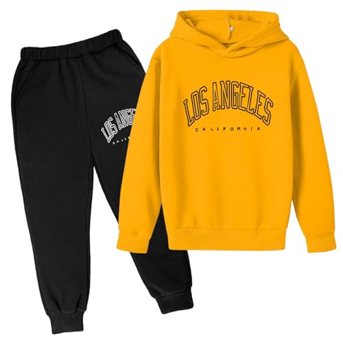 Generisch 2025 Bambini Bambini Casual Lettera Stampata Manica Lunga Felpa Jogger Jogger Pantaloni Pantaloni Unisex 2 PC Tuta Abbigliamento Bambino Inverno Ragazza, giallo., 13-14 Anni