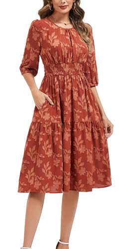 Image of Kormei Women Casual Boho Floral Round Neck 3 /4 Sleeve Smocked Waist Tiered A Line Flowy Swing Midi Dress Long Dresses