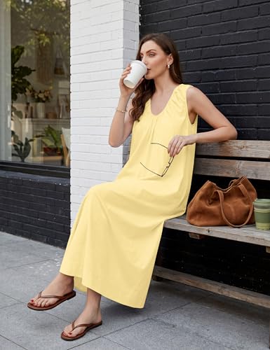 Image of Livtany Women's Scoop Neck Ruched Maxi Dress Flowy Swing Wide Straps Long Dress Casual Sleeveless Sundress with Side Pockets