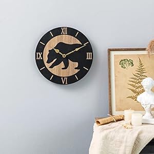 Wooden Wall Clock 12 Inch Cabin Bear Lodge Style Round Wall Clock Log Cabin Wild Animal Hanging Clock Battery Operated Silent Nonticking Quartz Analog Clock