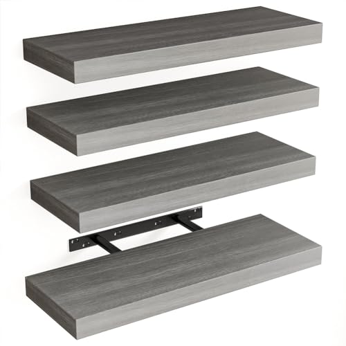 BAKAJI Set 4 Mensole da Parete in Legno Massiccio, Scaffali a Muro Multiuso con Staffe a Scomparsa in Metallo, Scaffalatura per Camera da Letto, Soggiorno, Cucina, Bagno, 40 x 14 x 3 cm (Grigio)