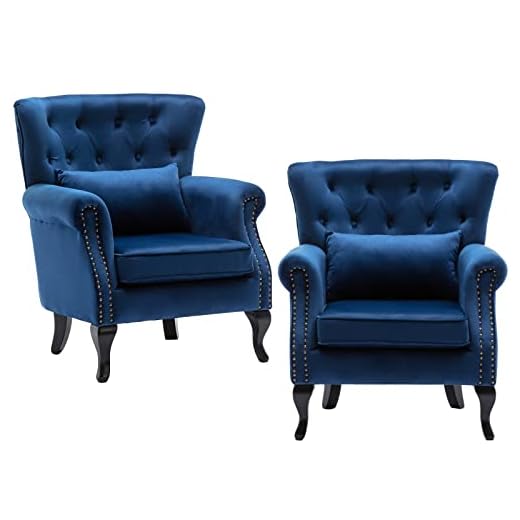 chairus Mid-Century Modern Accent Chairs Set of 2 Comfy Tufted Single Sofa Chair Wingback Armchair with Pillow for Club, Living Room, Bedroom - Velvet, Blue
