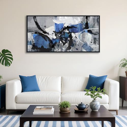 Image of AJAZIKO Blue Abstract Canvas Wall Art: Wall Art for Living Room, Bedroom & Gray Office Decorations for Work, Framed Artwork - Modern Decor with Blue & Black Paintings Pictures Wall Decor 20x40IN
