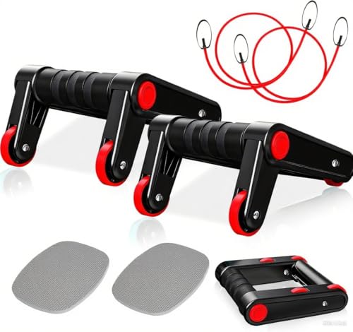 3 in 1 Liegestützgriffe Bauchroller Set, Bauchtrainer mit Fitnessbänder, inkl. Tragetasche, Kniematte Rutschfeste Griffe Bauchtrainer ab Roller ideal für Männer und Frauen Bauchmuskeltraining (Rot)