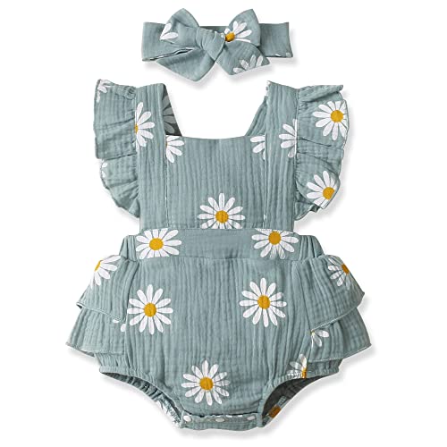 Image of PATPAT Newborn Baby Girl Clothes Daisy Print Crepe Fabric Baby Romper Set Infant Girl Outfits 2PC Set 100% Cotton