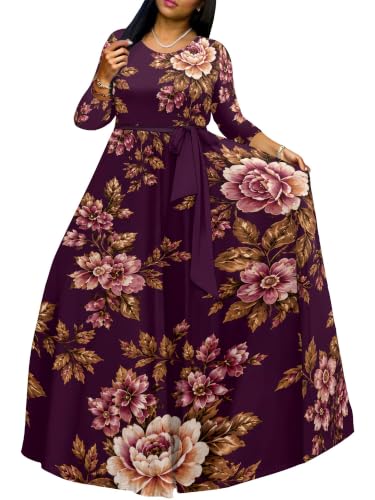 Image of Women Plus Size Long Sleeve V Neck Maxi Dress with Belt | Soft fabric relaxed fit three quarter sleeve v neck with pockets for party and daily wear