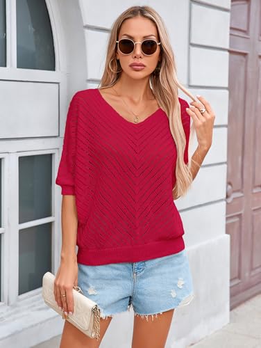 Image of Libsorge Womens Sexy V Neck 3 /4 Sleeve Sweater Spring 2025 Trendy Dressy Casual Outfits Lightweight Crochet Knit Pullover Top