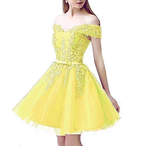 LEJY Short Yellow Homecoming Prom Dresses Lace Tulle Aline Cocktail Bridesmaid Gown Size 4