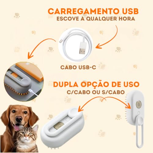Kit Escova Vapor Tira Pelos 3 Em 1 Autolimpante Recarregável Massageadora Para Cães e Gatos + Escova
