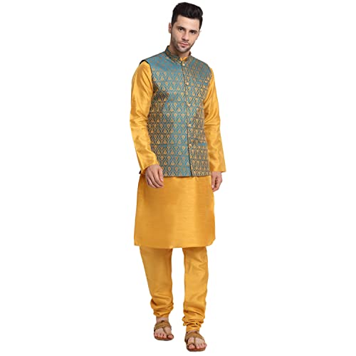Image of KRAFT INDIA Mens Gold Silk Blend Kurta and Churidar Set With Jacquard Paisley Nehru Jacket