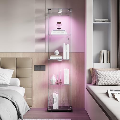 MOTUZP Vitrine en verre avec support, meuble pour collection avec LED, avec 1 porte et 4 étagères transparentes, meuble vitrine en verre pour salon, bureau (noir, 1 porte + 4 niveaux + éclairage)